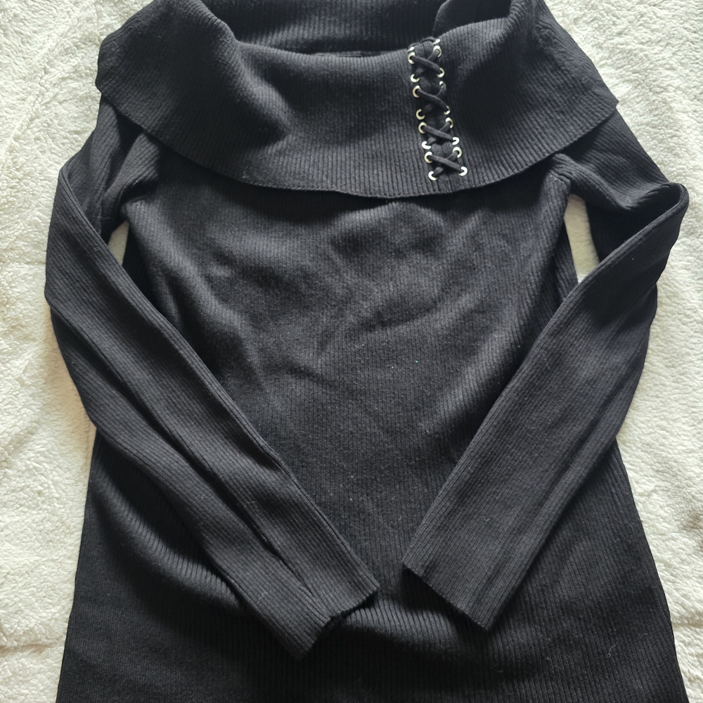 Women's Black Off-Shoulder Ribbed Sweater with Lace-Up Detail - XL